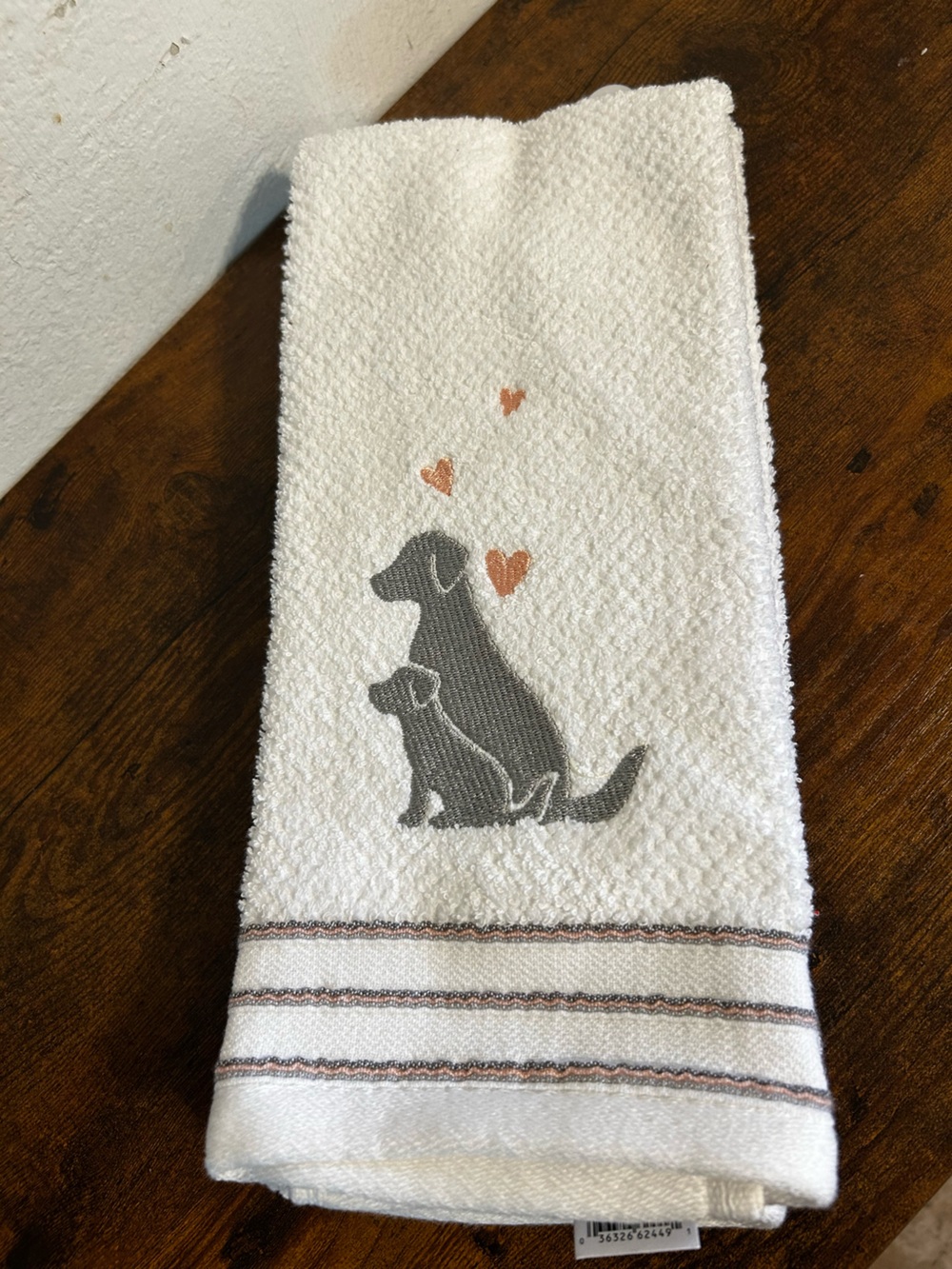 White Hand Towel with Gray Dog and Peach Hearts